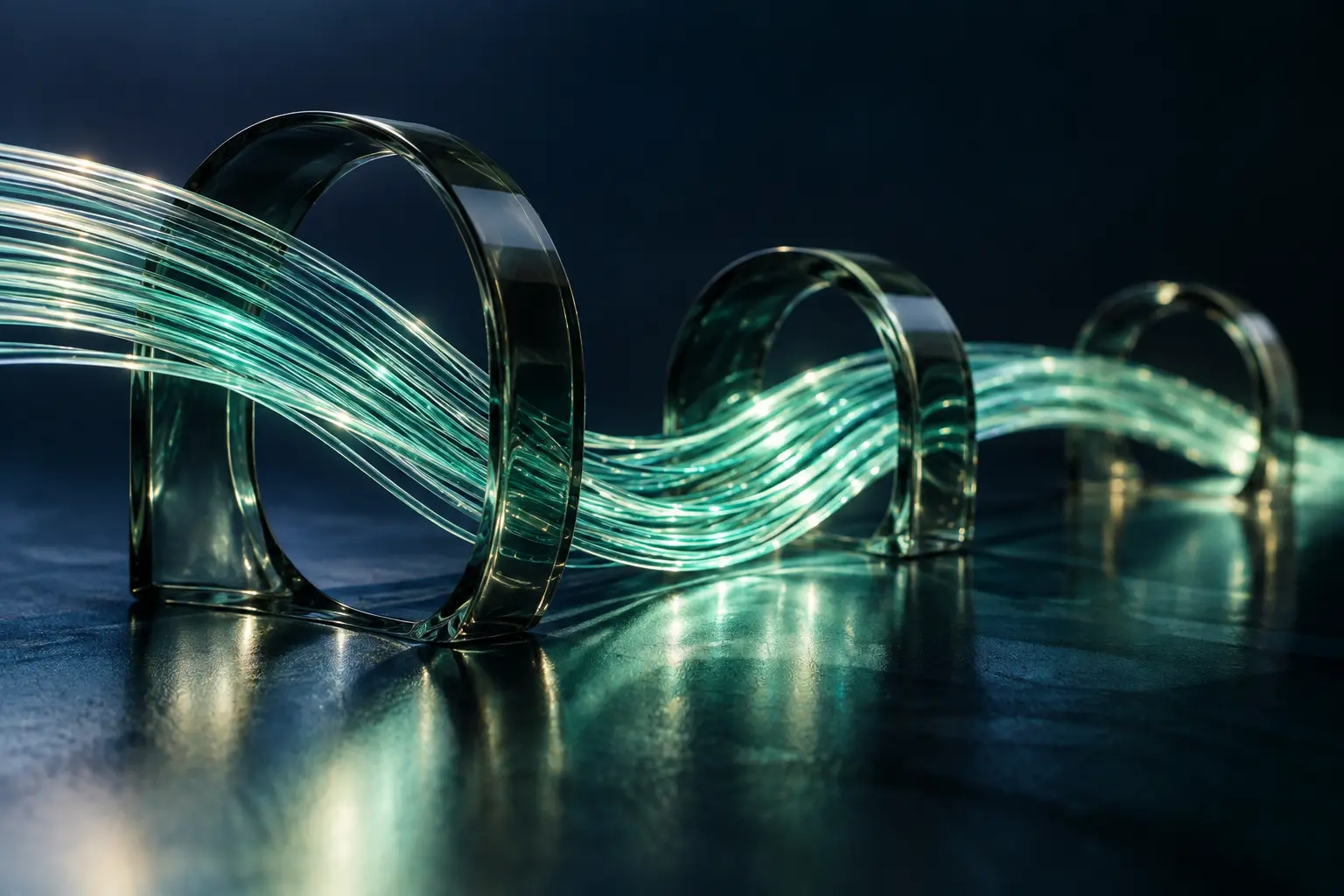Jade light threads connecting smoked glass portals