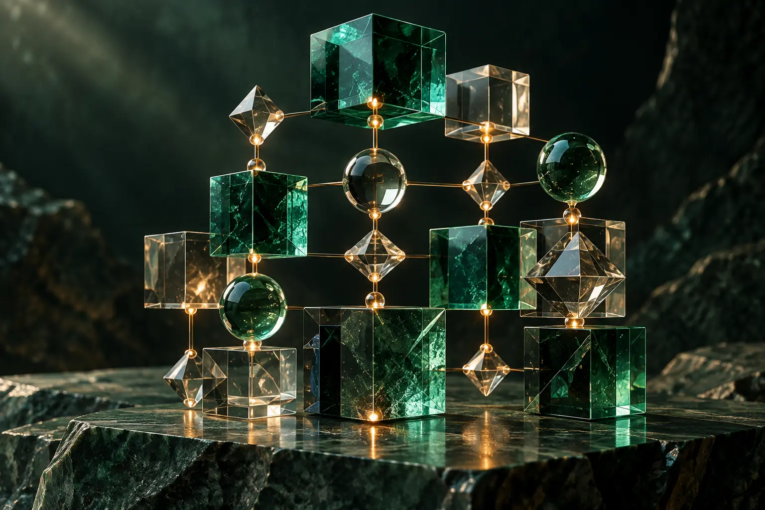 Emerald glass lattice with restrained amber connections on dark green stone
