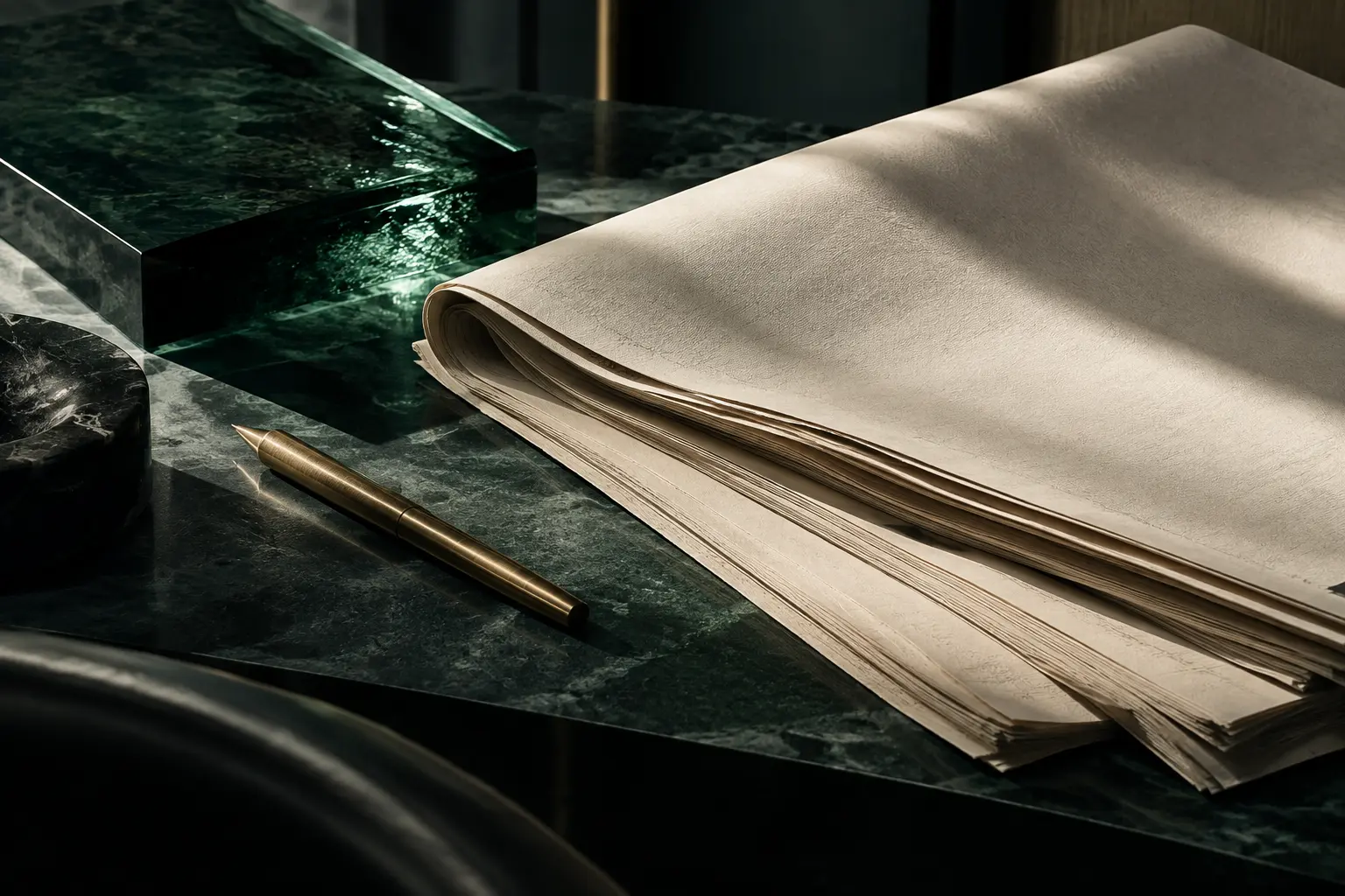 Ivory editorial paper and emerald glass on dark green stone