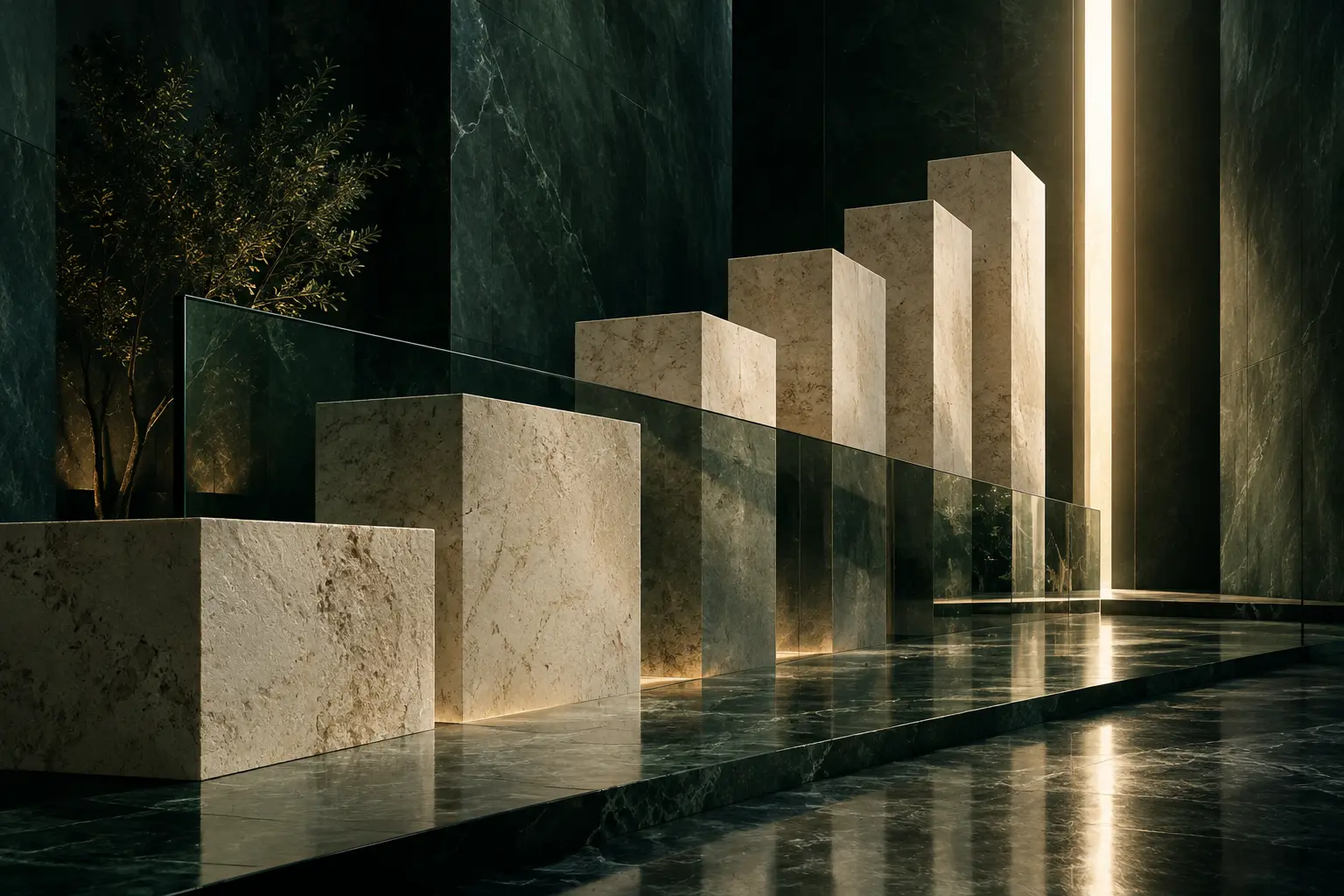 Stone forms aligned toward light in an emerald architectural space