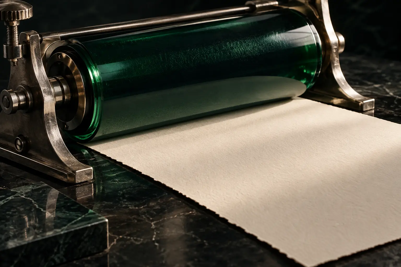 An emerald glass press roller with unprinted ivory paper