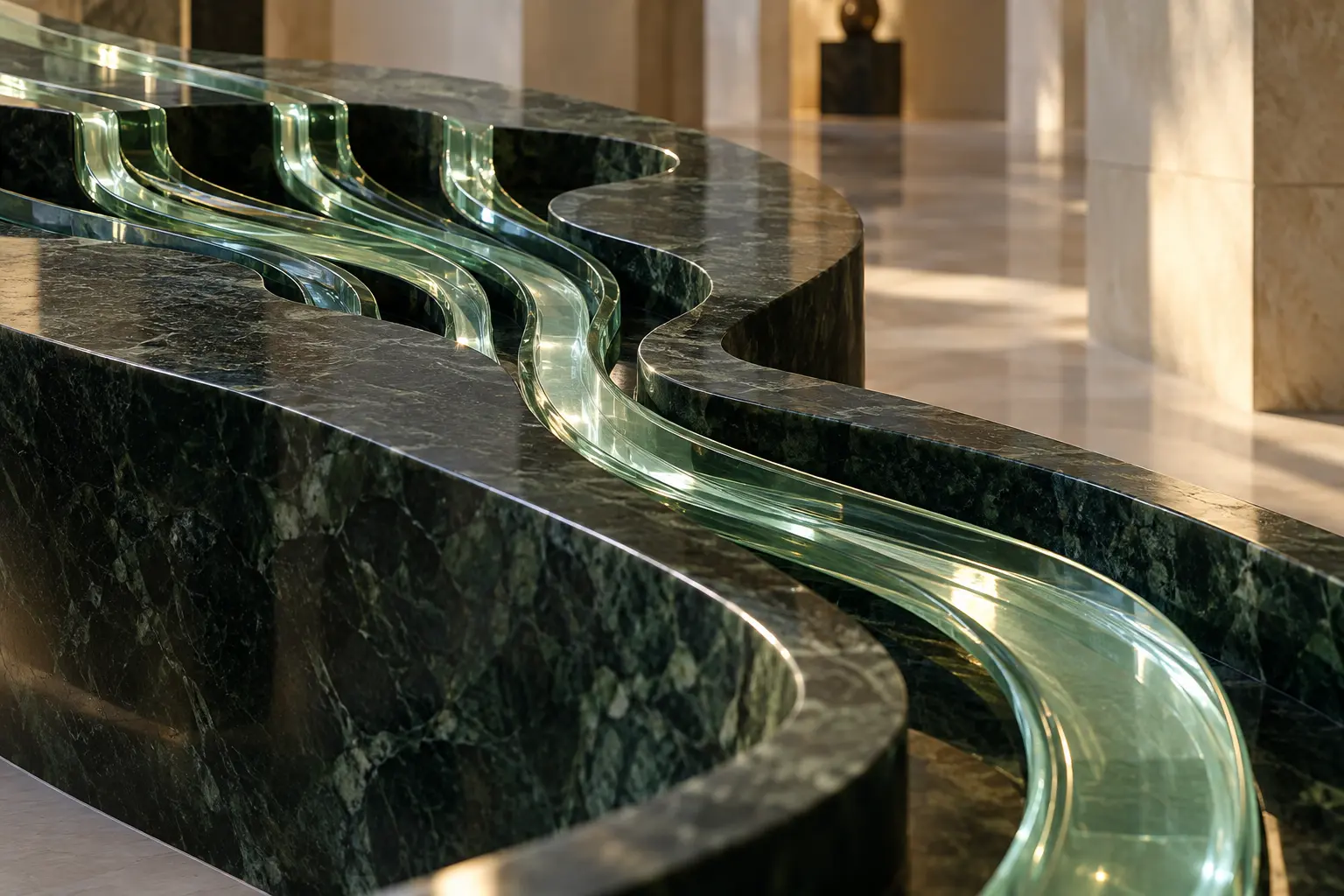 Jade glass channels converging into one path in dark stone