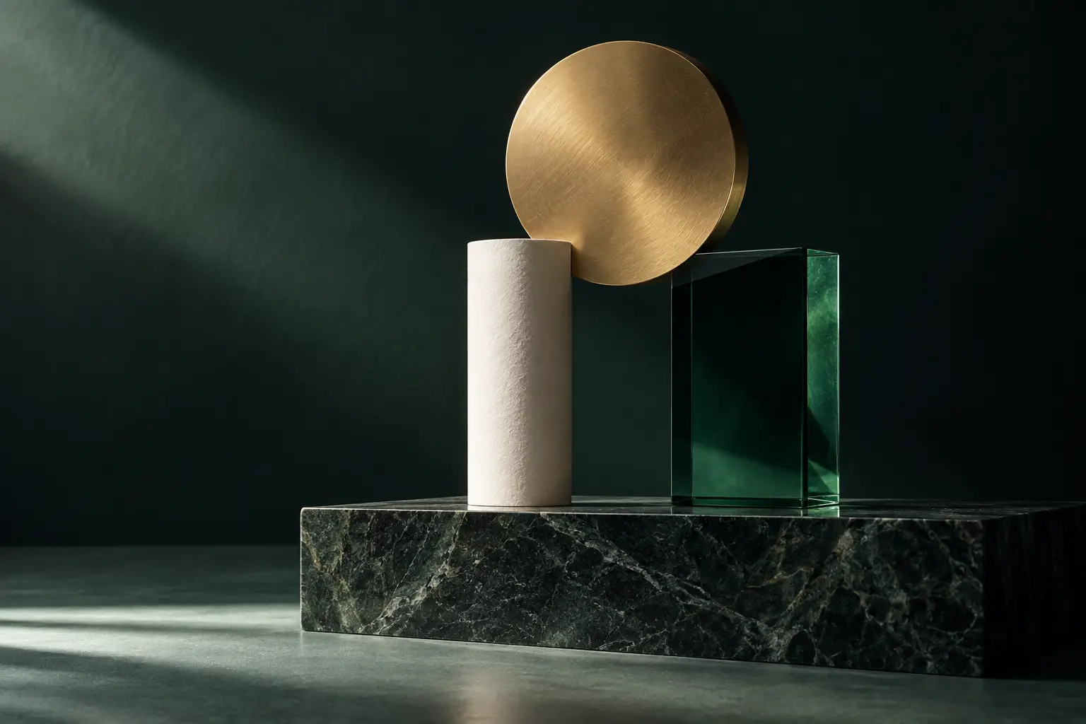 Paper, emerald glass and brass in a coherent architectural composition